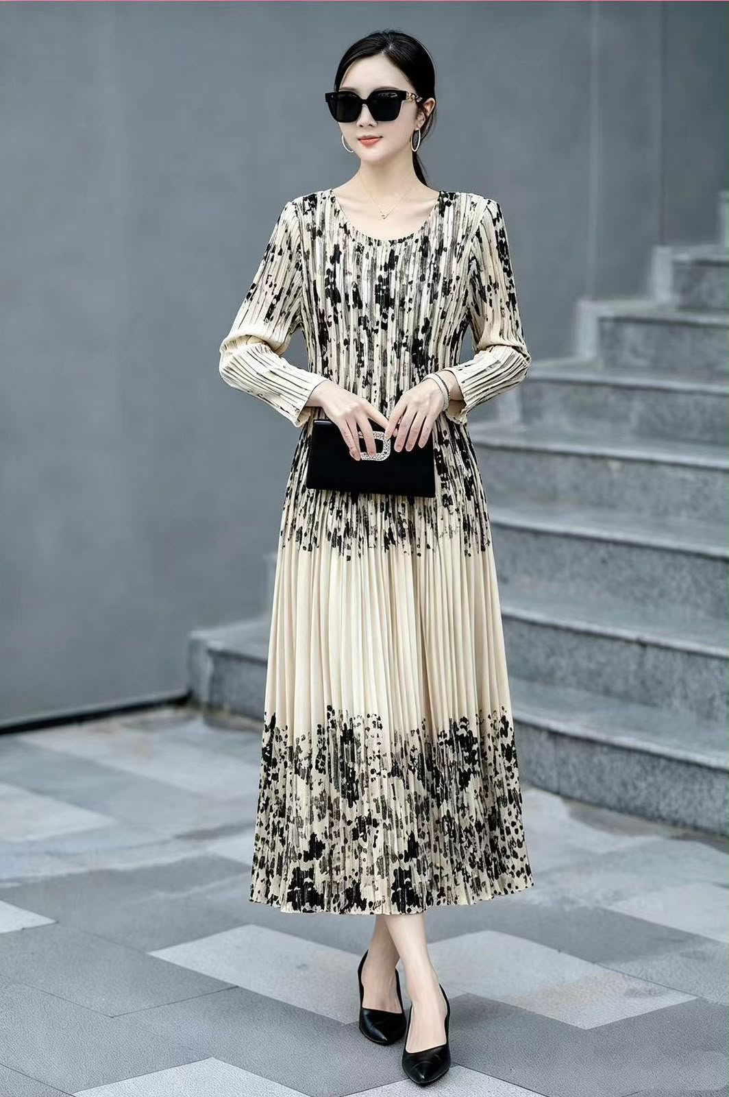 Ivory Ink-Splatter Pleated Midi Dress
