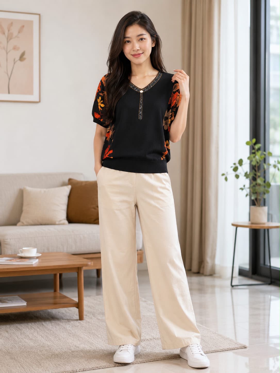 Noir Floral-Sleeve Knit Top