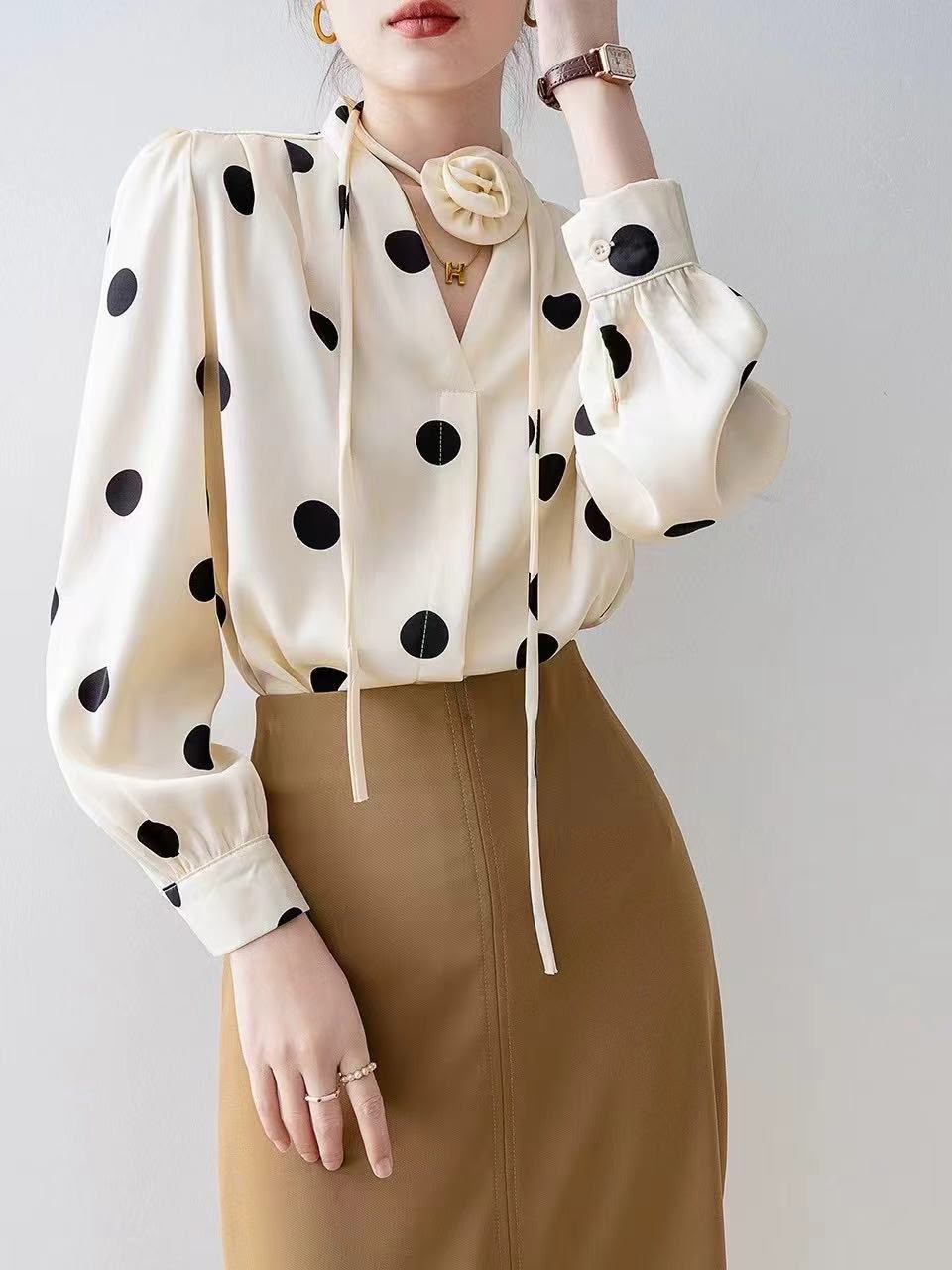 Cream Polka Tie-Neck Blouse