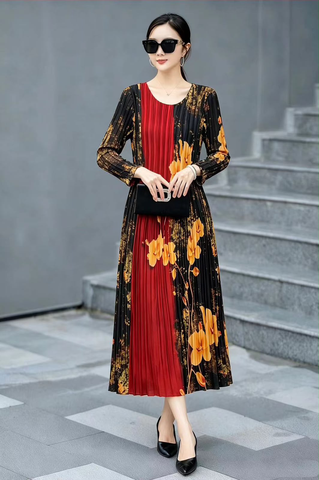Crimson Panel Pleated Midi Dress